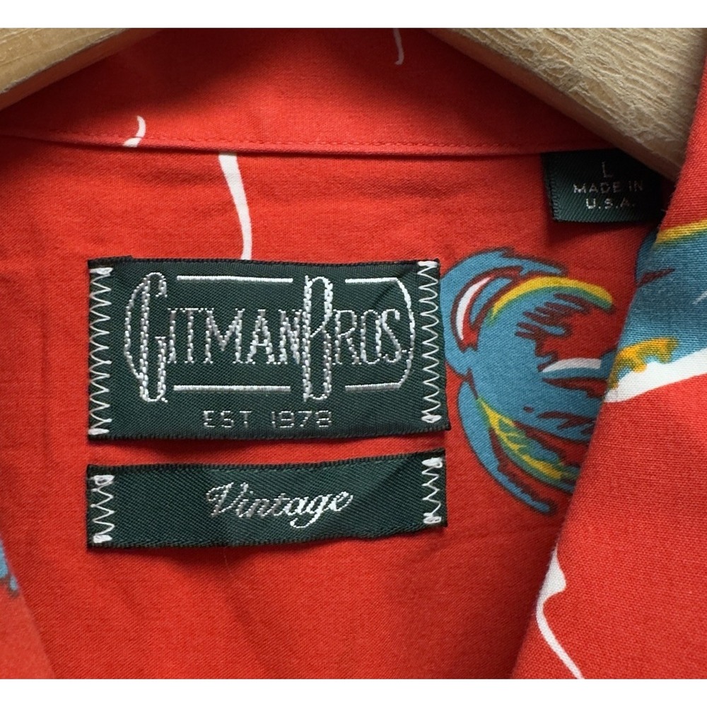 Gitman Bros Vintage Mens Large Red Floral Hawaiian Sailboat Airplane Rayon Shirt - Picture 3 of 5